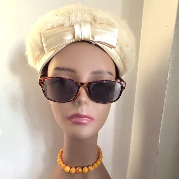 Vintage 1960s Fur Pillbox Hat Jackie Diana Satin Ribbon Bow Cream Classic main image 4